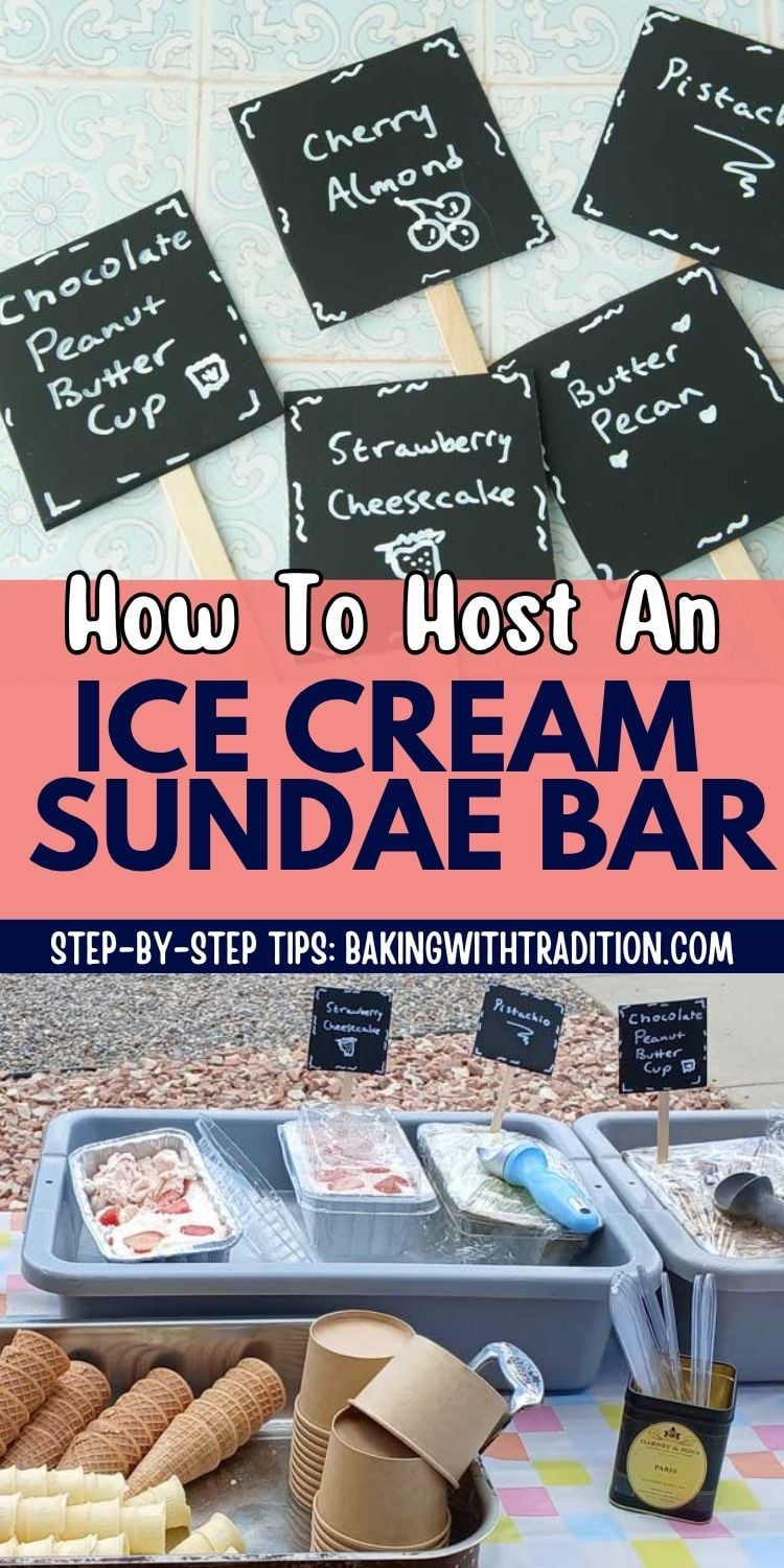 small signs for ice cream flavors on popsicle sticks, table set with supplies for ice cream sundae party