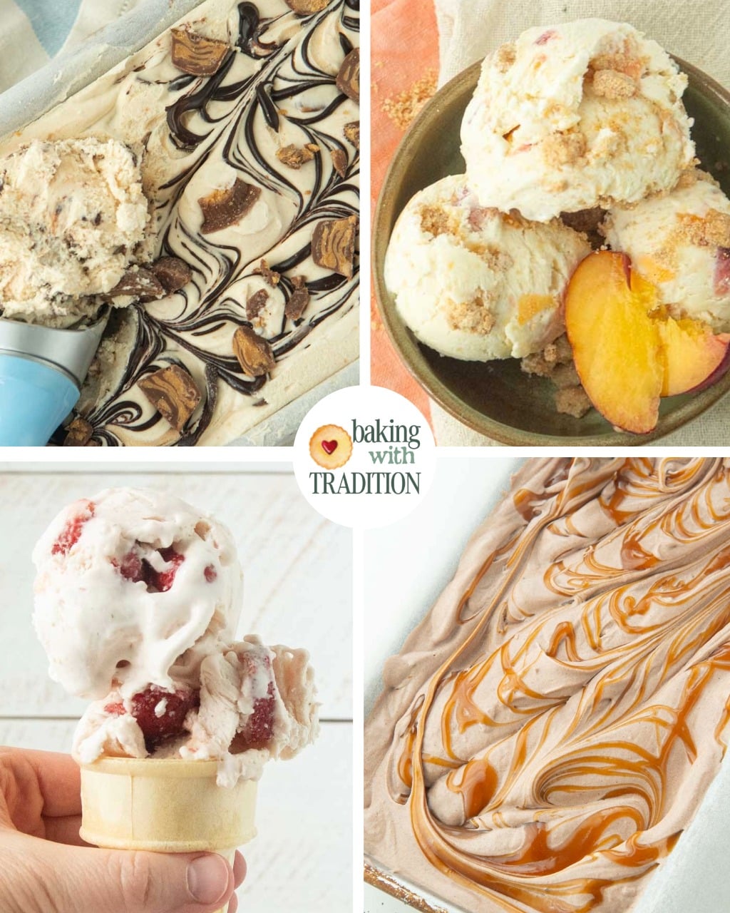 peanut butter cup ice cream, peach crumble ice cream, strawberry cheesecake ice cream, chocolate swirl ice cream