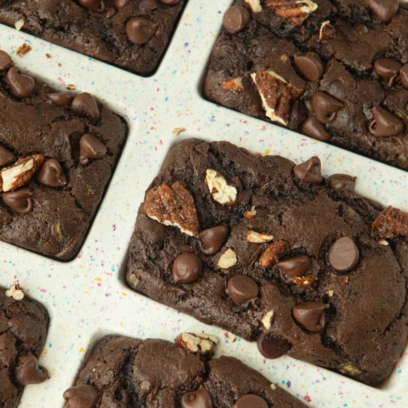 closeup of chocolate zucchini bread in silicone baking pan