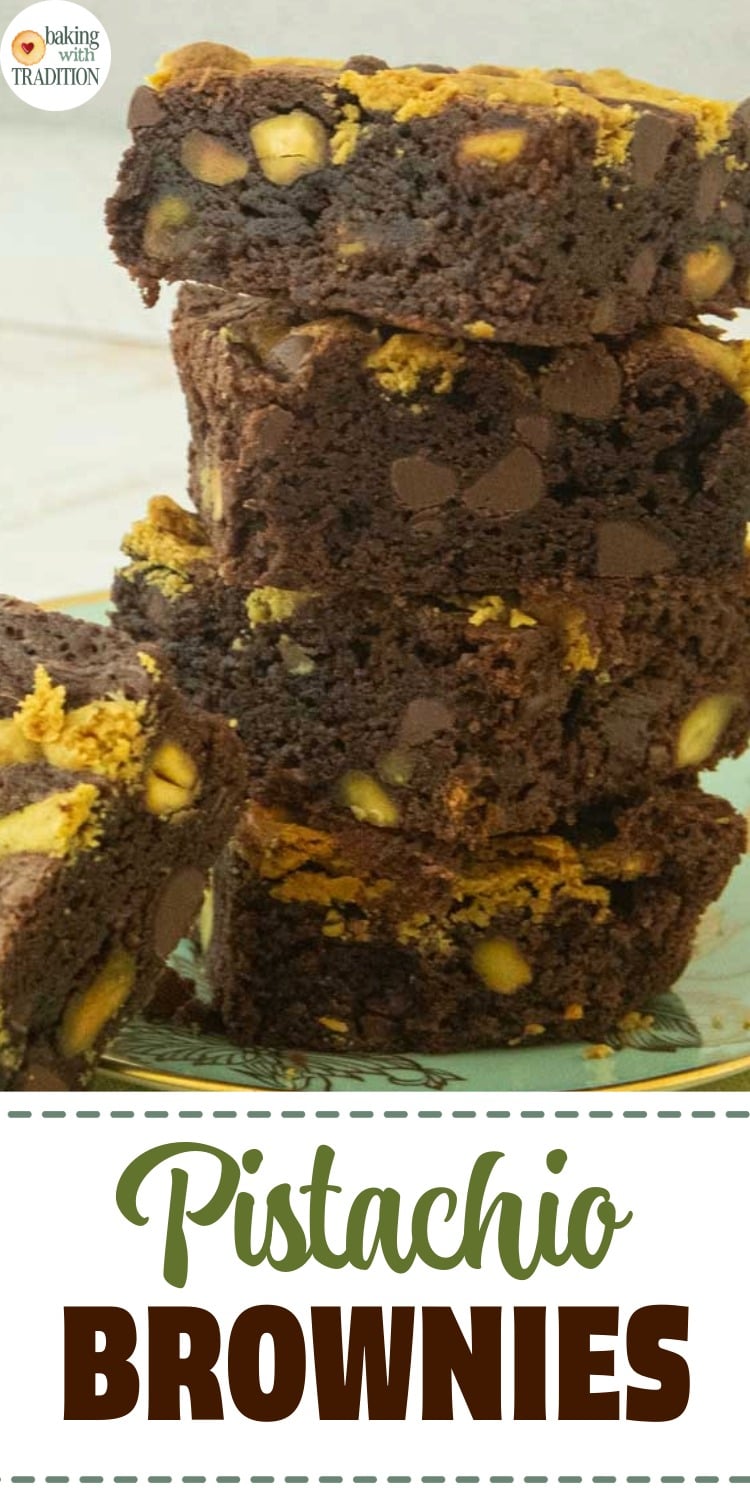 stack of pistachio brownies, side view on plate, text overlay