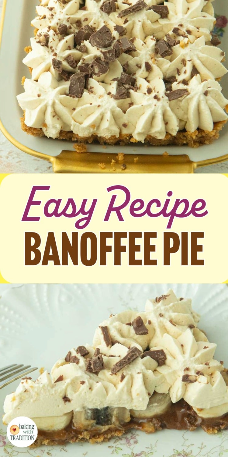 banoffee pie on plate, closeup of banoffee tart on plate, text overlay