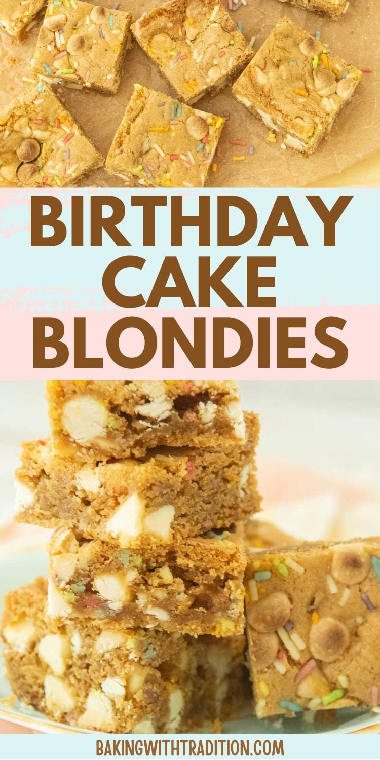 cross section closeup of brown butter birthday cake blondies showing white chocolate chips and sprinkles, cut pieces of birthday cake blondies on brown paper, text overlay