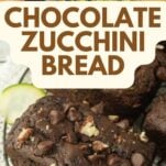 slices of zucchini next to small loaves of chocolate zucchini bread topped with chocolate chips and chopped pecans, text overlay