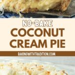 closeup of slice of coconut cream pie on pie server on blue plate, fork,