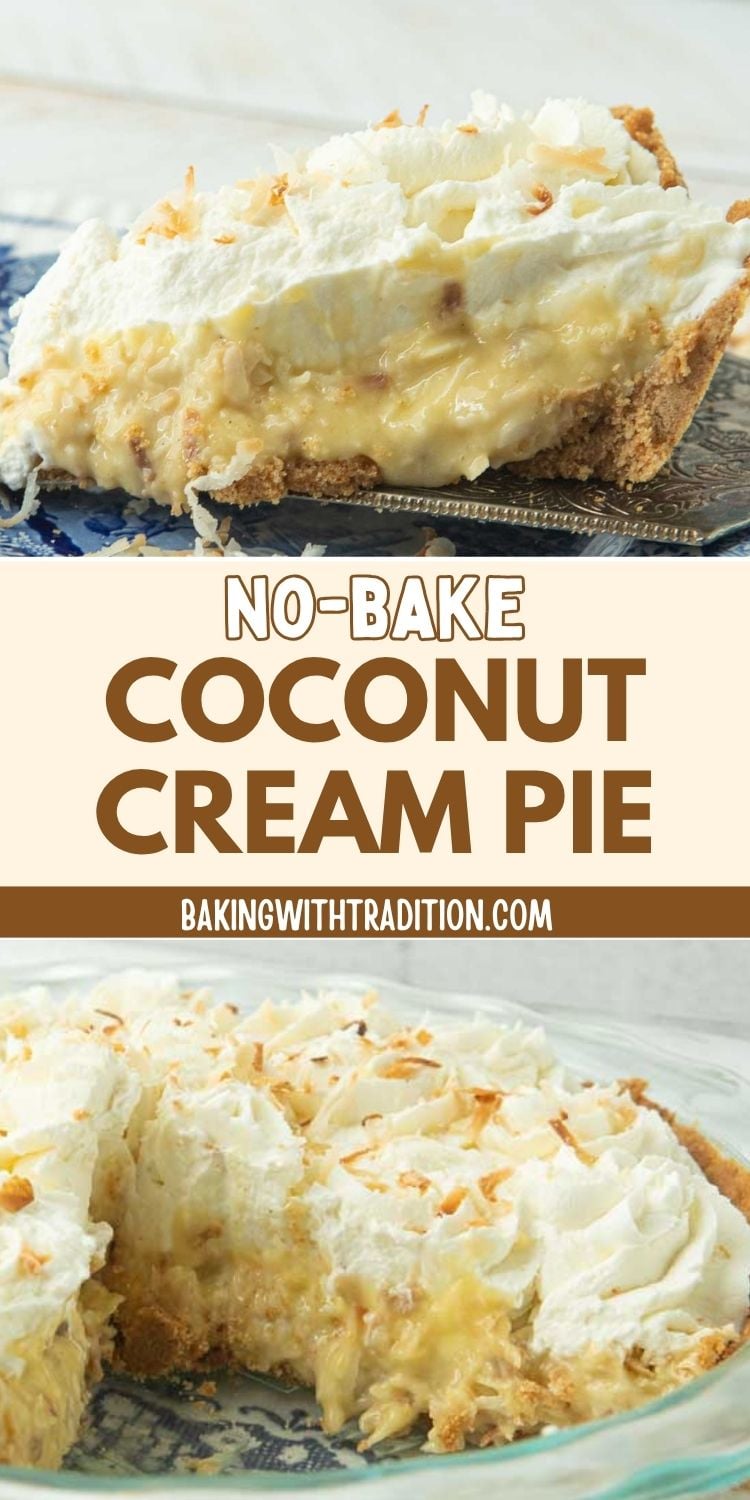 closeup of slice of coconut cream pie on pie server on blue plate, fork, closeup of coconut cream pie with a piece removed, revealing coconut custard filling, text overlay