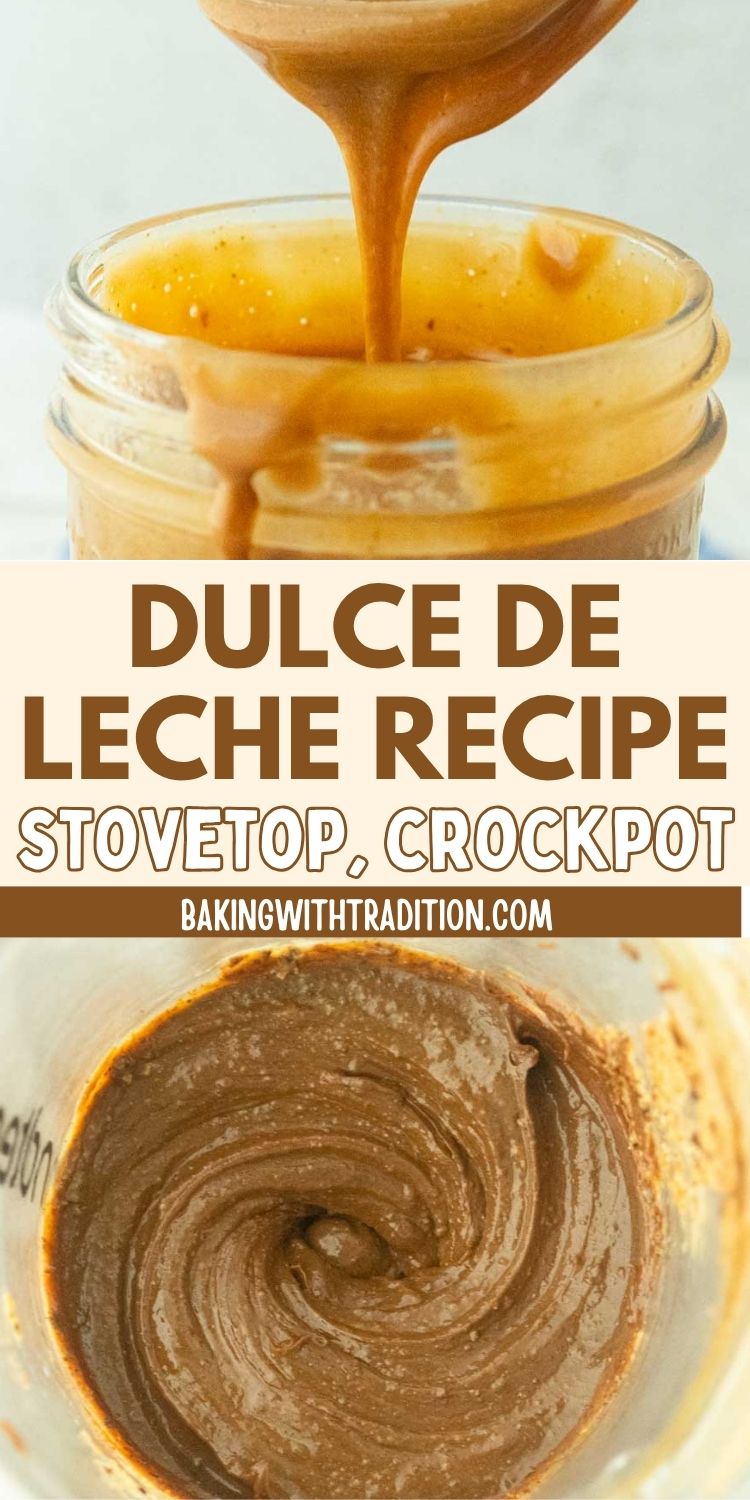 dulce de leche falling off spoon into jar of dulce de leche, dulce de leche in blender jar, text overlay