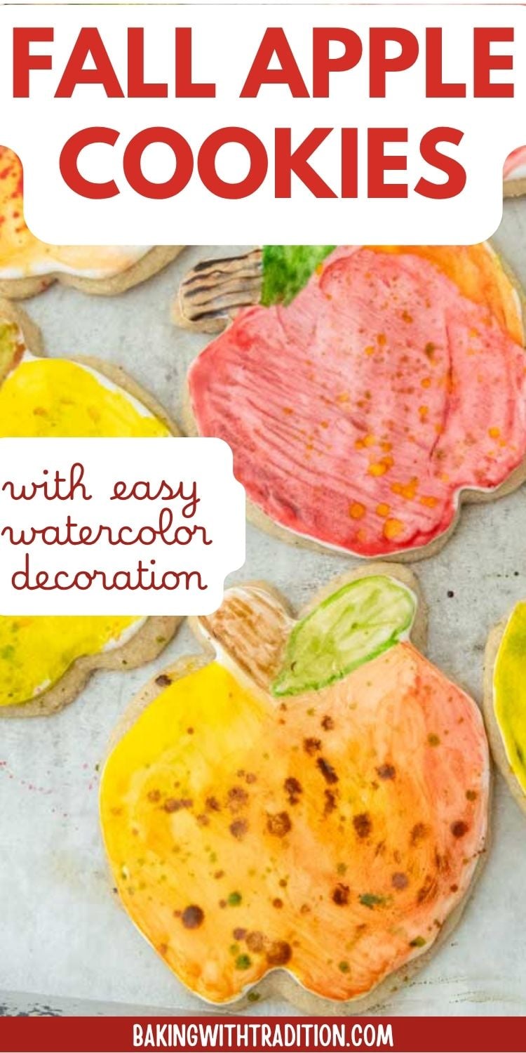 Pinterest graphic for Fall Apple Cookies featuring hand-painted watercolor sugar cookies decorated in red, yellow, and orange, with text reading 'Fall Apple Cookies with easy watercolor decoration