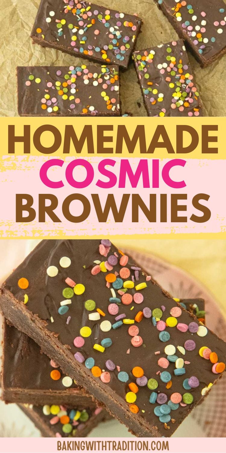 closeup of fanned slices of cosmic brownies stacked, top views of cosmic brownies on brown paper, text overlay