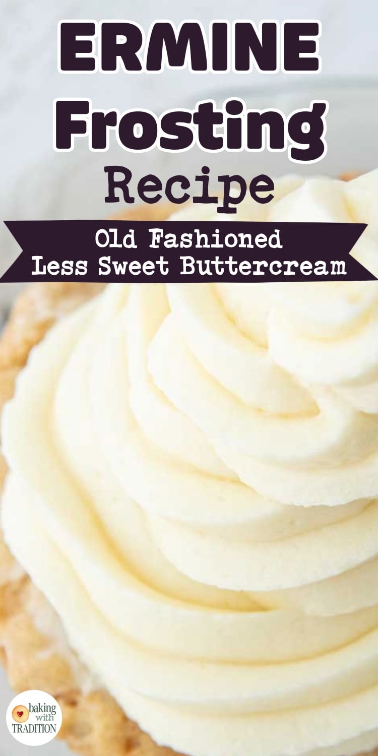 top view of swirl of ermine frosting on cookie, text overlay