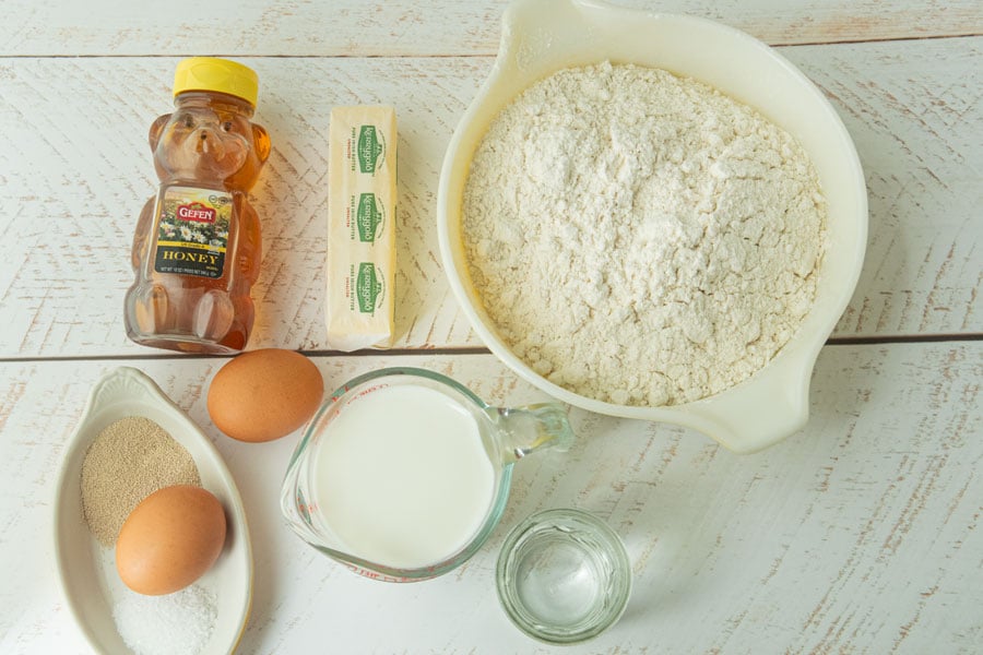 flour, butter, honey, eggs, yeast, salt, milk, water