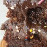 closeup of slices of texas sheet cake with chocolate glaze drizzling down the sides, text overlay
