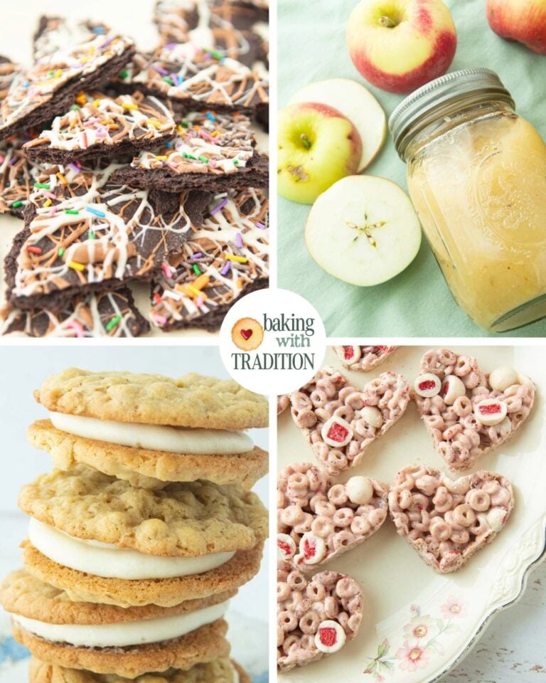 oatmeal cream pies, strawberry cereal treats, applesauce in jar next to whole apples and apple pieces, chocolate cookie bark