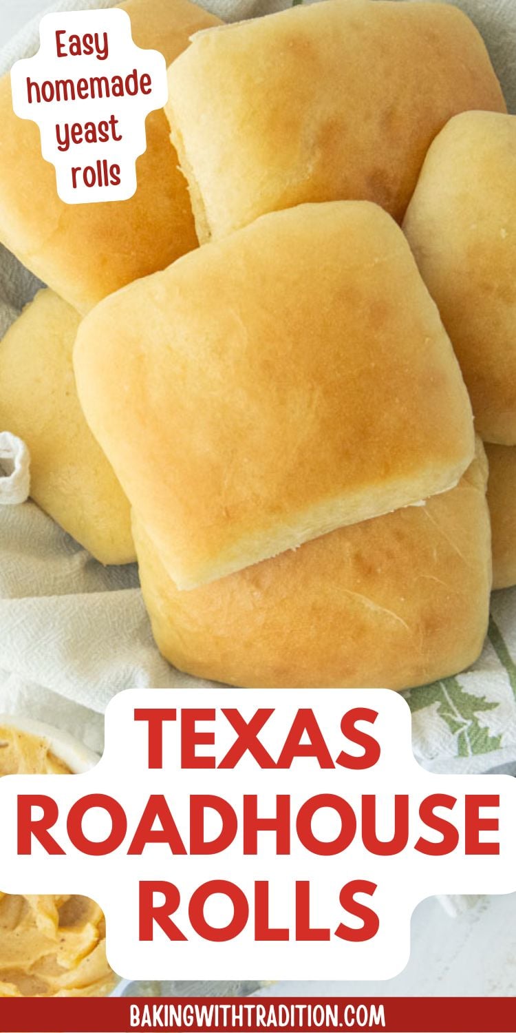 homemade texas roadhouse rolls in basket, text overlay