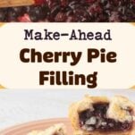 stack of mini cherry pies cut in half on plate, fork, thickened cherry pie filling, wood spatula, text overlay