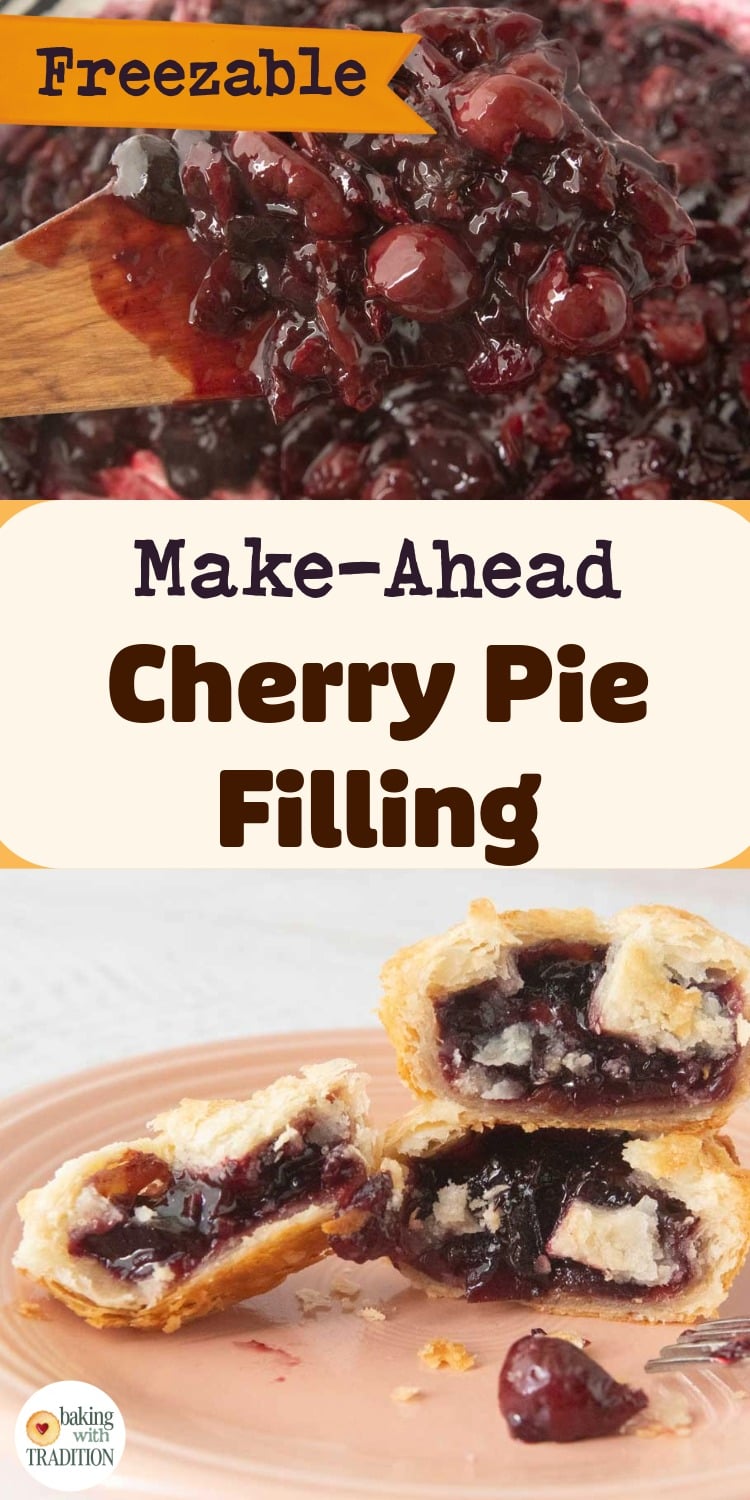 stack of mini cherry pies cut in half on plate, fork, thickened cherry pie filling, wood spatula, text overlay