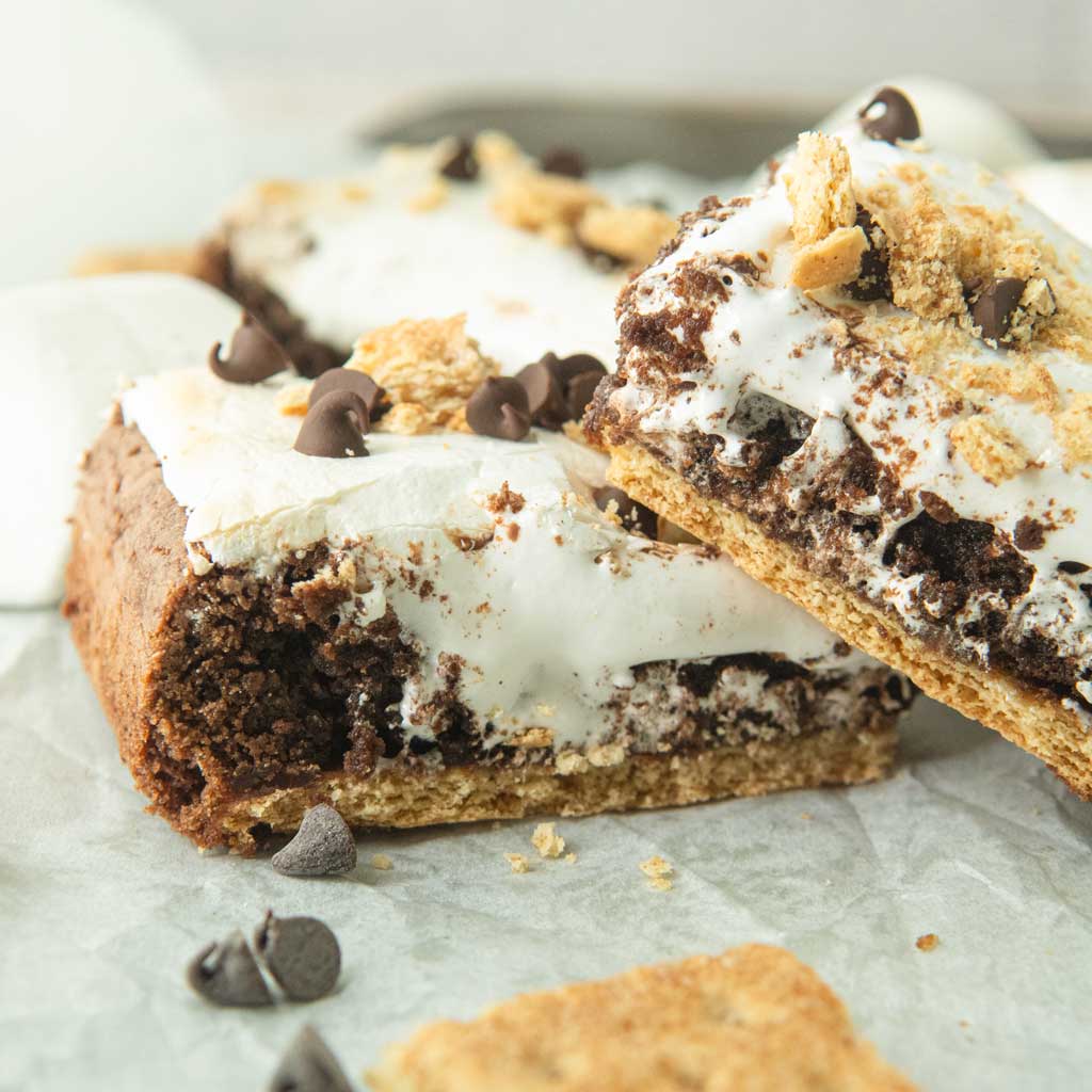 closeup of s'mores brownies showing cross section of layers