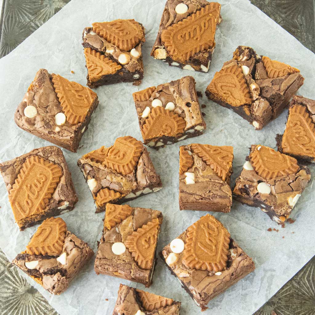 top view of cut biscoff brownies
