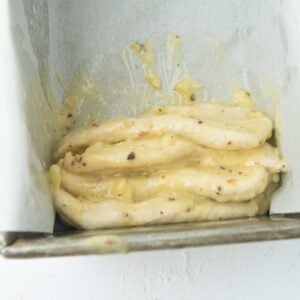 pull apart garlic bread dough stacked vertically in pan