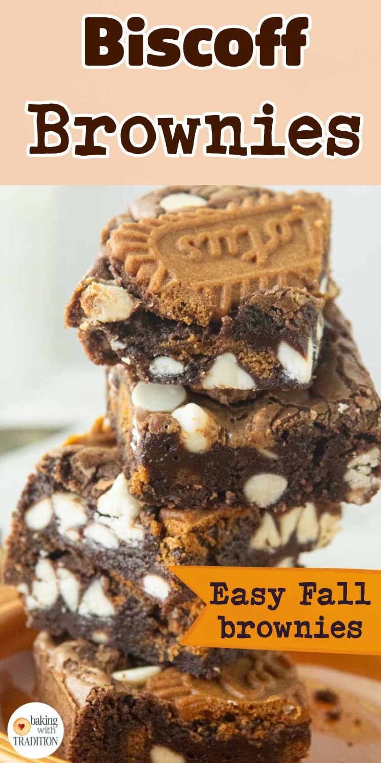 stack of biscoff brownies on orange plate, showing sides, text overlay