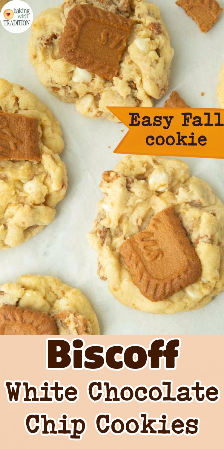 closeup of biscoff white chocolate cookies, text overlay