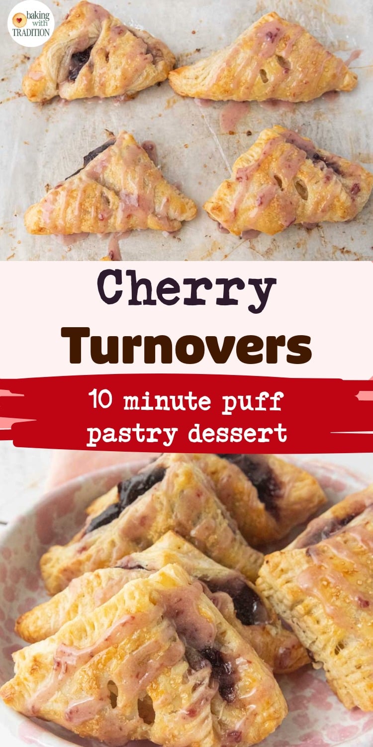 baked cherry turnovers with sour cherry glaze, homemade baked cherry turnovers in pink and white speckled plate, text overlay