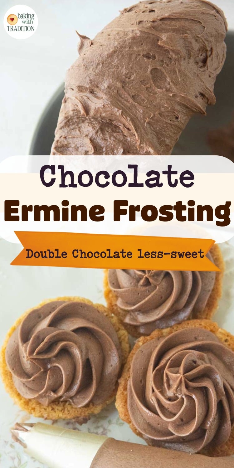 swirls of chocolate ermine frosting on backs of pumpkin oatmeal cookies, piping bag filled with chocolate ermine frosting, chocolate ermine frosting on spatula, text overlay