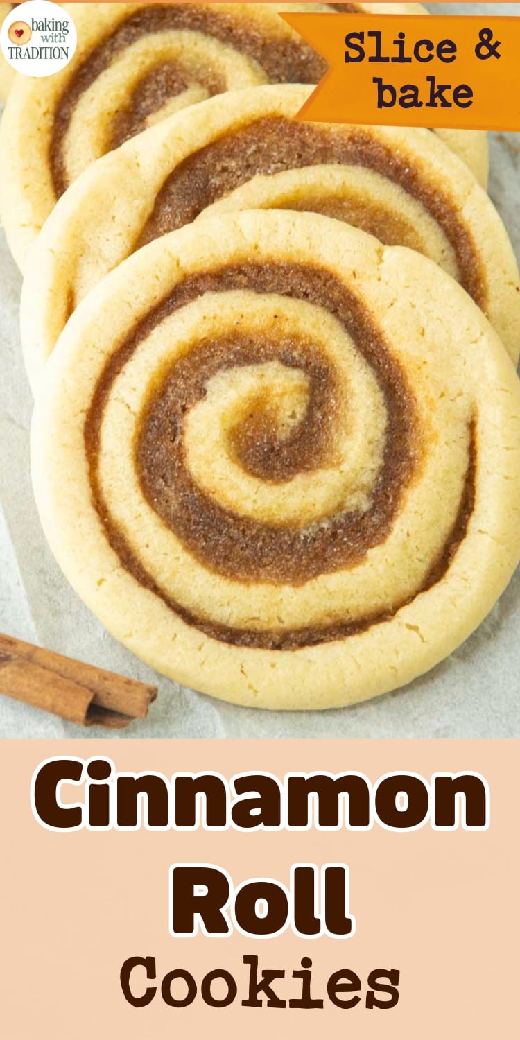 closeup of slice and bake cinnamon roll cookies, cinnamon sticks, text overlay