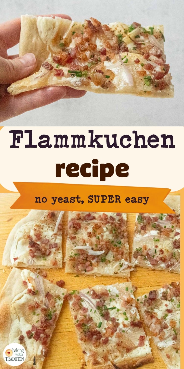 hand holding slice of flammkuchen, slices of flammkuchen on board, text overlay