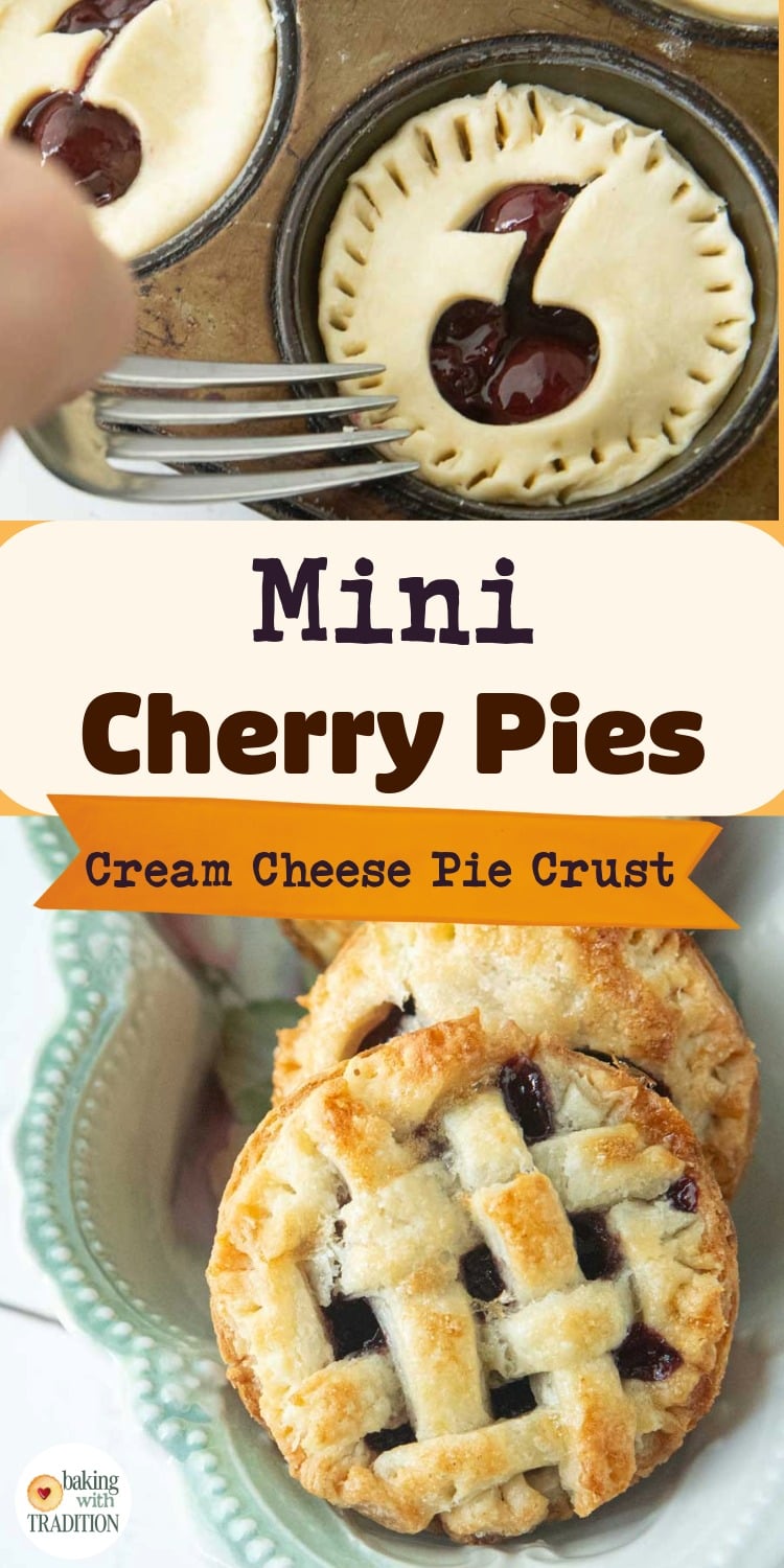 sealing edges of muffin pan pies with fork, closeup of mini cherry pies with lattice top, text overlay