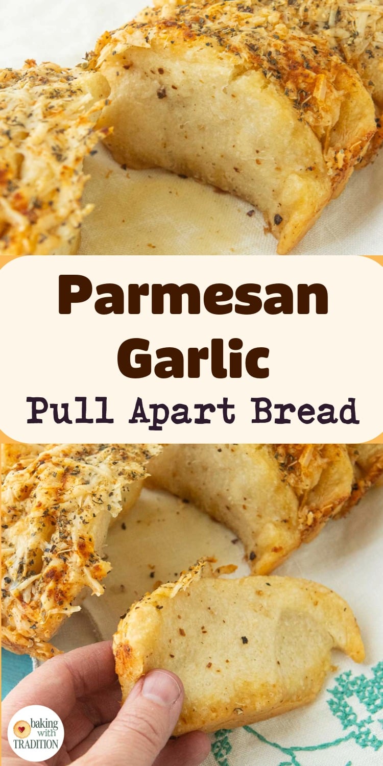 pull apart garlic bread loaf, opened to show texture, hand holding piece of pull apart garlic bread next to loaf of homemade pull apart garlic bread, text overlay