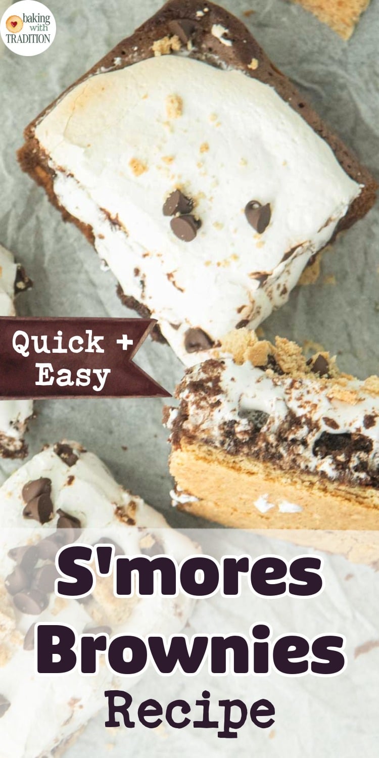 flatlay of s'mores brownies, whole marshmallows, graham cracker pieces, chocolate chips, text overlay