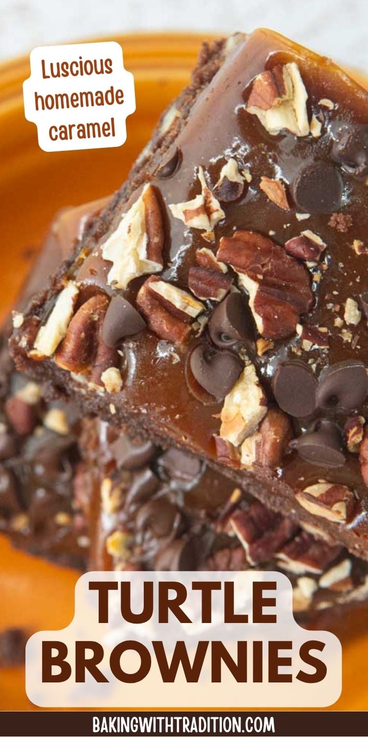 stack of turtle brownies on orange plate, text overlay