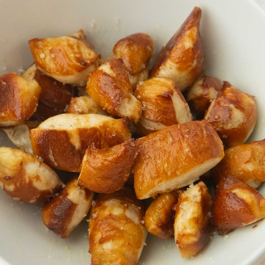 closeup of homemade pretzel bites in bowl