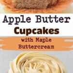 cross section of apple butter cupcake topped with maple buttercream, hand holding apple butter cupcake topped with maple buttercream, text overlay