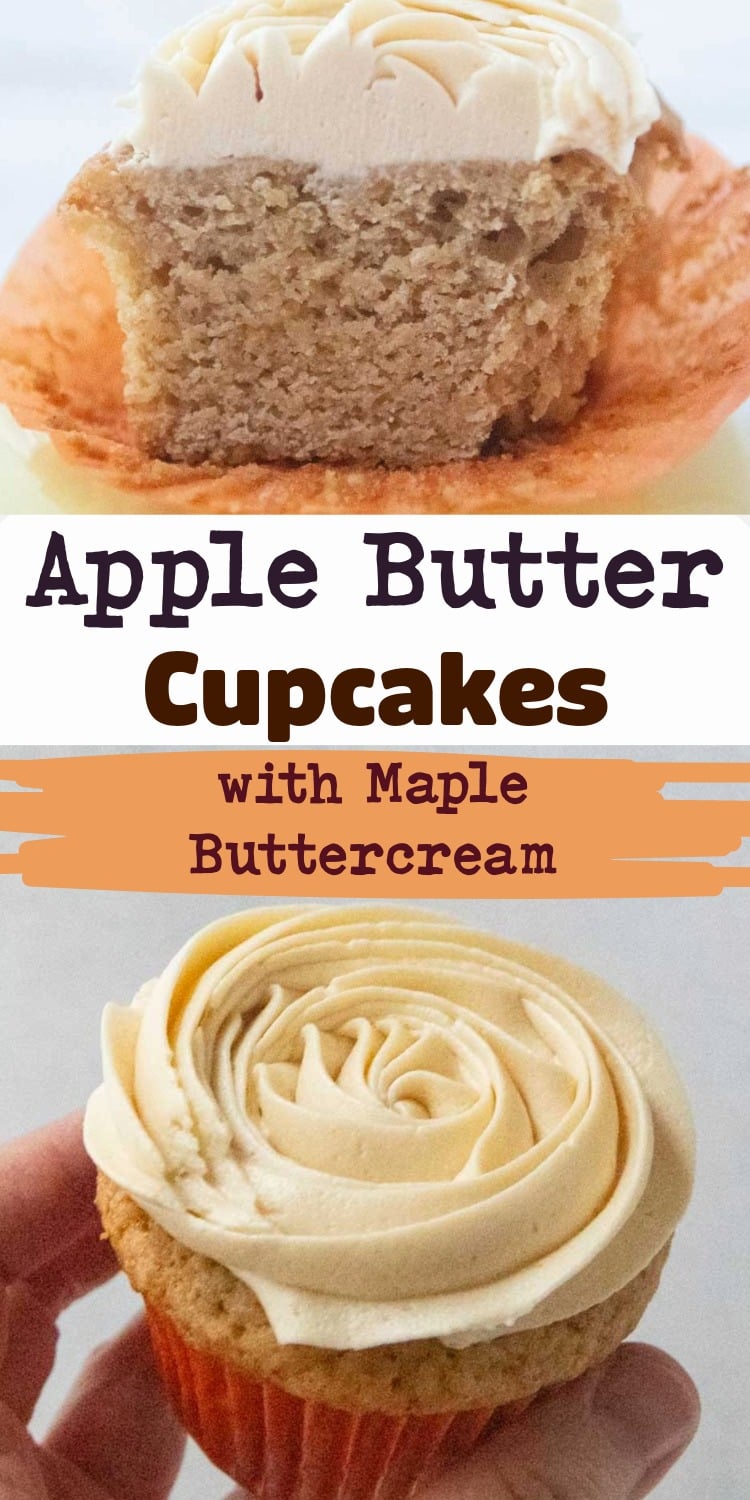 cross section of apple butter cupcake topped with maple buttercream, hand holding apple butter cupcake topped with maple buttercream, text overlay