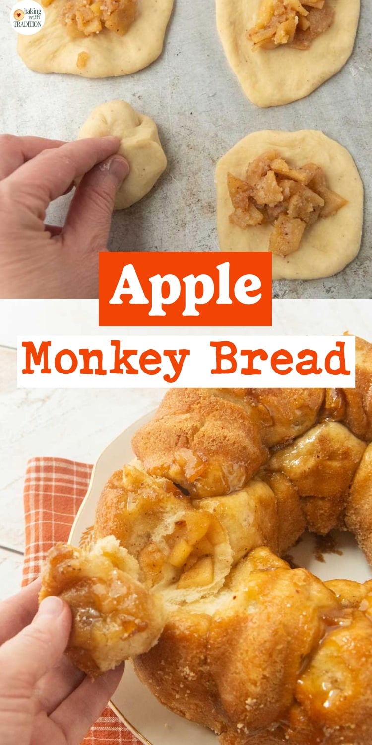 hand pinching dough around apple filling for apple monkey bread, hand pulling away a piece of apple monkey bread next to plate of apple monkey bread, text overlay
