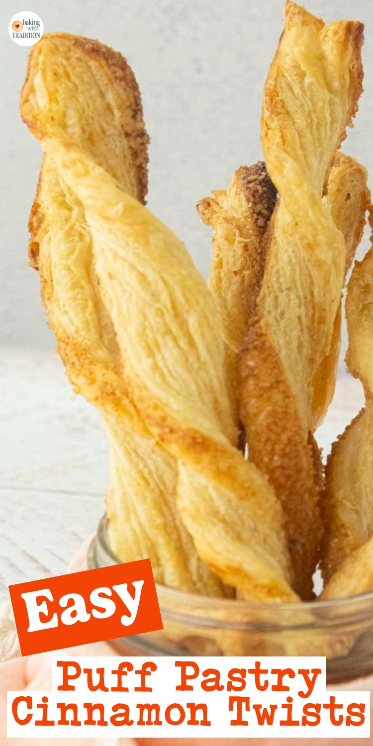 puff pastry cinnamon twists in jar, text overlay