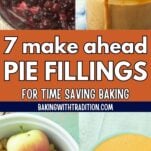 apple pie filling in bowl with whole apple, cherry pie filling, pumpkin pie filling and vanilla pastry cream