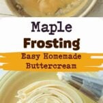 whisking maple sugar in a roux in skillet for maple ermine frosting,