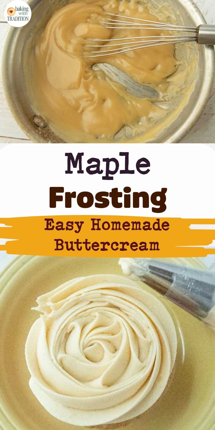 whisking maple sugar in a roux in skillet for maple ermine frosting,  maple buttercream frosting on top of cupcake on plate next to piping bag of maple buttercream, text overlay