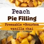 peach pie filling on wood spatula in pan,