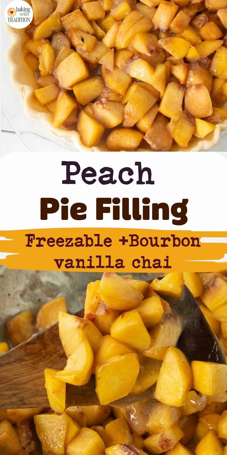 peach pie filling on wood spatula in pan,