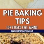 pie dough between parchment sheets, rolling pin, closeup of cherry crumble pie, text overlay