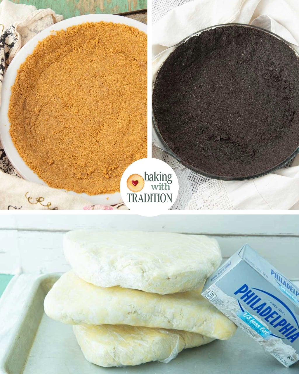 graham cracker crust in pie plate, oreo crumb crust in pie plate, cream cheese pastry
