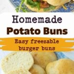 pulled pork, pickles on potato bun with arugula, potato buns in basket, one cut to reveal inner fluffy texture, text overlay