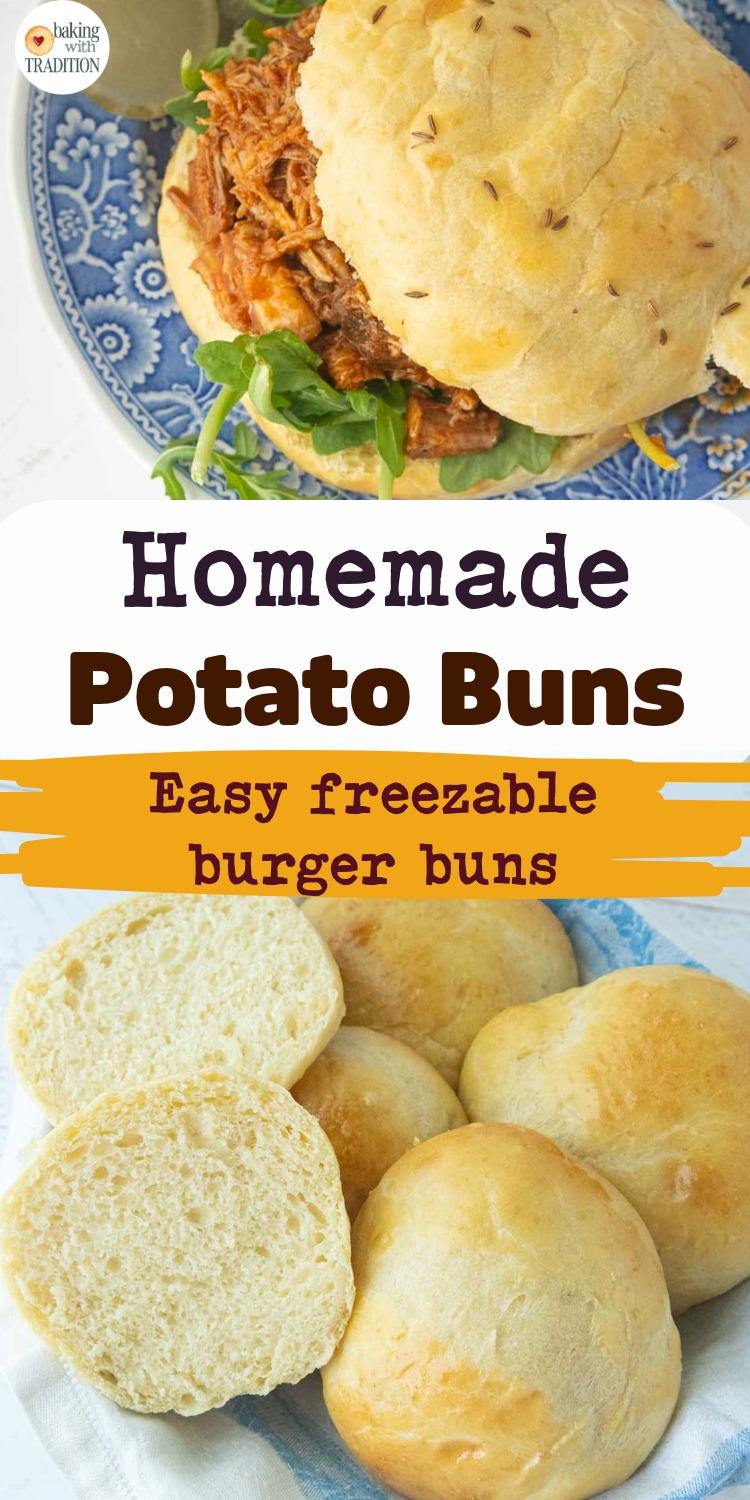 pulled pork, pickles on potato bun with arugula, potato buns in basket, one cut to reveal inner fluffy texture, text overlay