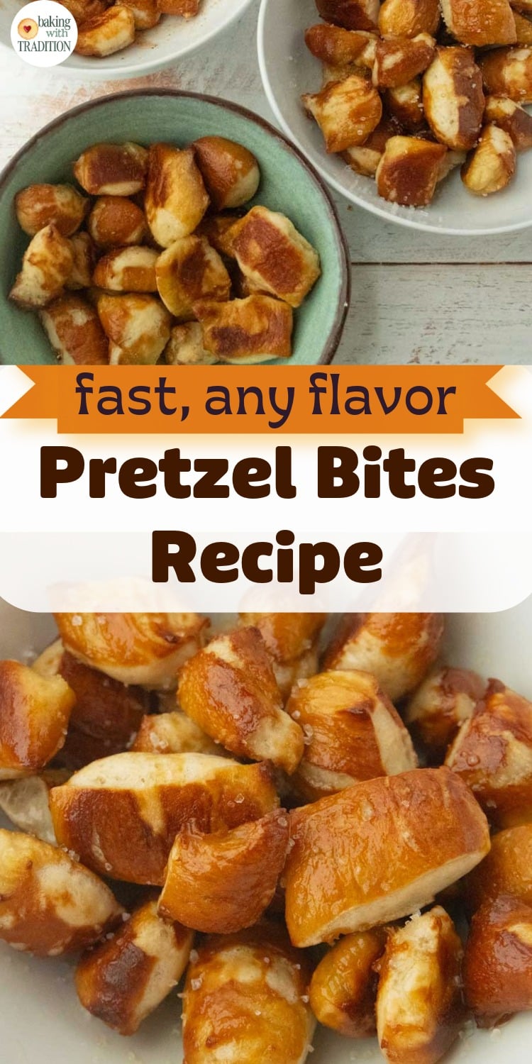 cinnamon sugar, classic and ranch flavored pretzel bites in bowls, closeup of homemade pretzel bites in bowl, text overlay