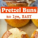 pretzel bun sliced and made into a sandwich with ham, salami, mustard, and cheese, closeup of pretzel buns on baking sheet, text overlay