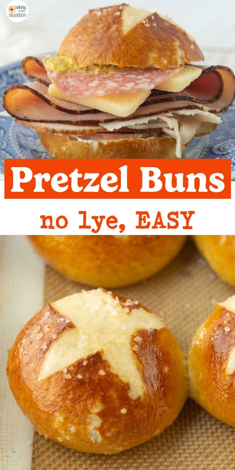 pretzel bun sliced and made into a sandwich with ham, salami, mustard, and cheese, closeup of pretzel buns on baking sheet, text overlay