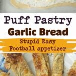 grated butterkase cheese on puff pastry, puff pastry garlic bread sticks on plate, text overlay